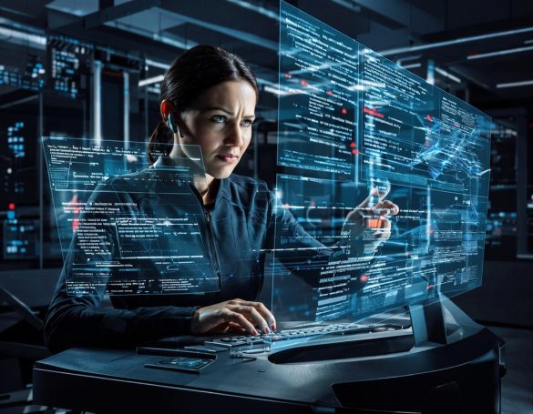 Incident Resilience A woman interacts with a futuristic digital interface, displaying data and code.